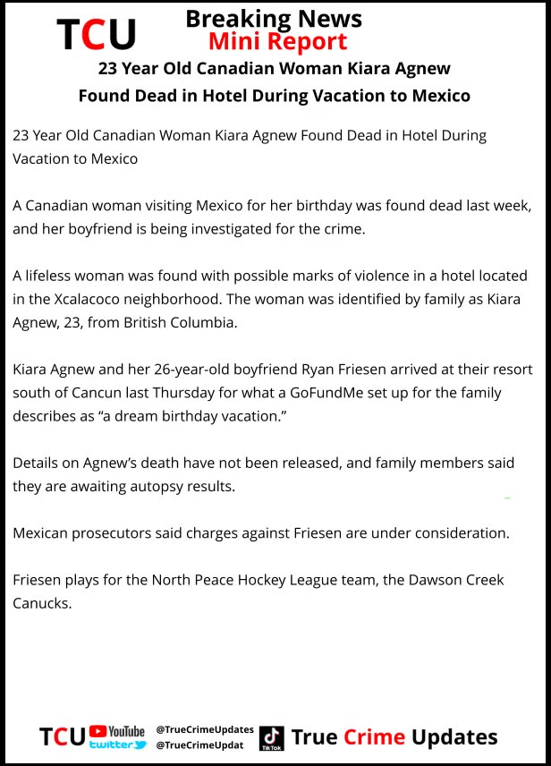 23 Year Old Canadian Woman Kiara Agnew Found Dead In Hotel During Vacation To Mexico