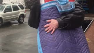 Woman Tries Walking Away with Moving Pads