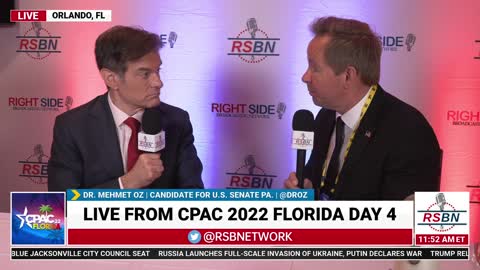 Dr. Mehmet Oz Candidate For U.S. Senate in PA. Interviews with RSBNs Brian Glenn at CPAC 2022 in FL