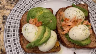 Avocado toast with boiled egg and salmon