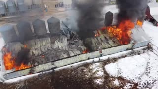 Drone Captures Footage of Collapsed Burning Barn