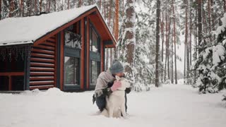 Cute Husky Dog With Owner Play on Snow