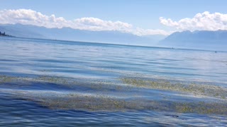 International lake in Switzerland with blue water
