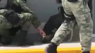 Mexican soldier feeding a homeless dog