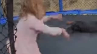 Baby plays jumping with dog