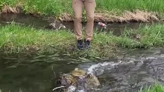 Guy Falls Over Water While Jumping Across Stream to Cross it
