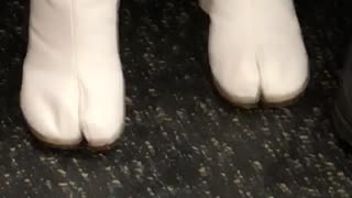 Woman wears horse toe boot on subway